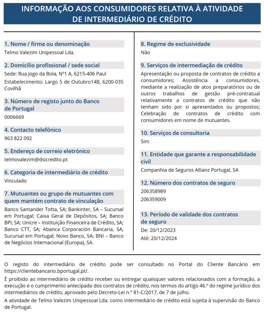 INFORMAÇÃO AOS CONSUMIDORES RELATIVA À ATIVIDADE DE INTERMEDIÁRIO DE CRÉDITO